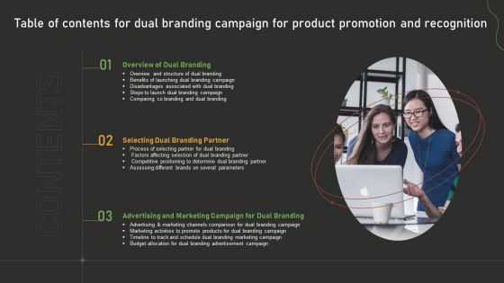 Table Of Contents For Dual Branding Campaign For Product Promotion And Recognition Structure PDF