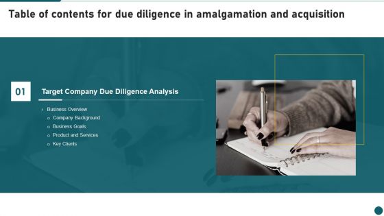 Table Of Contents For Due Diligence In Amalgamation And Acquisition Goals Ideas PDF
