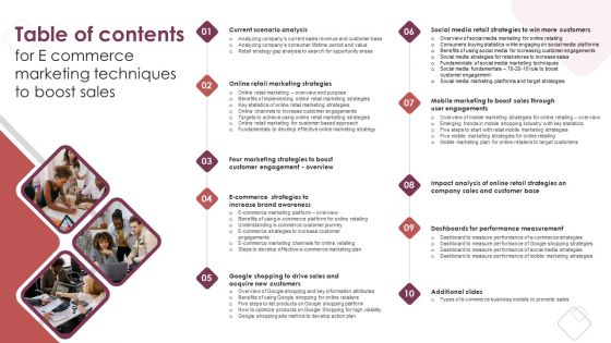 Table Of Contents For E Commerce Marketing Techniques To Boost Sales Rules PDF