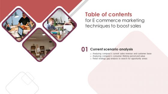 Table Of Contents For E Commerce Marketing Techniques To Boost Sales Slide Mockup PDF