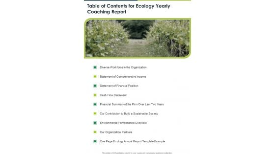 Table Of Contents For Ecology Yearly Coaching Report One Pager Documents