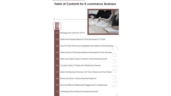 Table Of Contents For Ecommerce Business One Pager Documents Table Of Contents For Ecommerce Business One Pager Documents