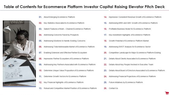 Table Of Contents For Ecommerce Platform Investor Capital Raising Elevator Pitch Deck Sample PDF