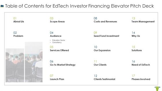 Table Of Contents For Edtech Investor Financing Elevator Pitch Deck Structure PDF Table Of Contents For Edtech Investor Financing Elevator Pitch Deck Structure PDF