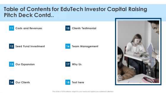 Table Of Contents For Edutech Investor Capital Raising Pitch Deck Contd Edutech Investor Capital Raising Pitch Deck Template PDF