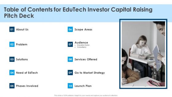 Table Of Contents For Edutech Investor Capital Raising Pitch Deck Edutech Investor Capital Raising Pitch Deck Elements PDF