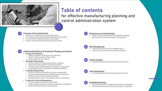 Table Of Contents For Effective Manufacturing Planning And Control Administration System Designs PDF