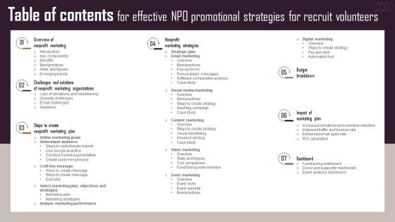 Table Of Contents For Effective NPO Promotional Strategies For Recruit Volunteers Rules PDF Table Of Contents For Effective NPO Promotional Strategies For Recruit Volunteers Rules PDF