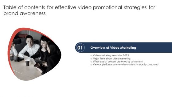 Table Of Contents For Effective Video Promotional Strategies For Brand Awareness Brochure PDF