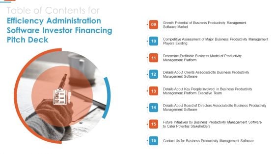 Table Of Contents For Efficiency Administration Software Investor Financing Pitch Deck Team Graphics PDF Table Of Contents For Efficiency Administration Software Investor Financing Pitch Deck Team Graphics PDF