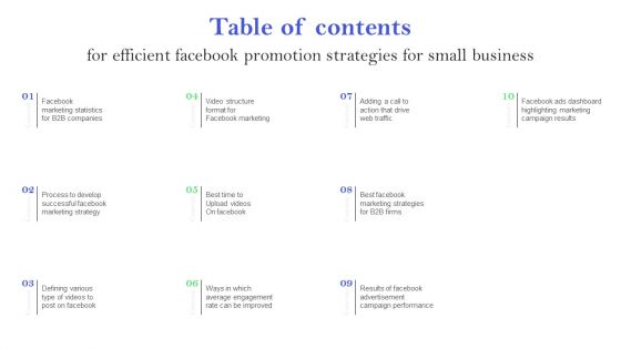 Table Of Contents For Efficient Facebook Promotion Strategies For Small Business Elements PDF Table Of Contents For Efficient Facebook Promotion Strategies For Small Business Elements PDF