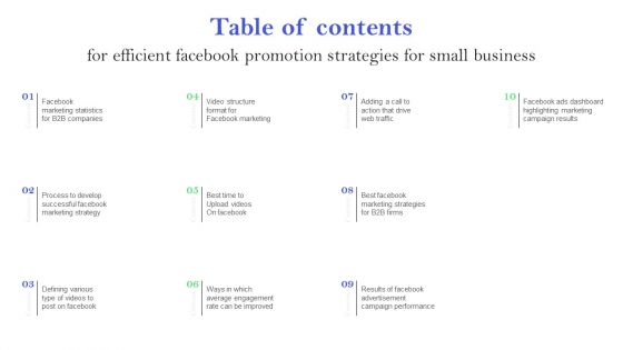 Table Of Contents For Efficient Facebook Promotion Strategies For Small Business Elements PDF