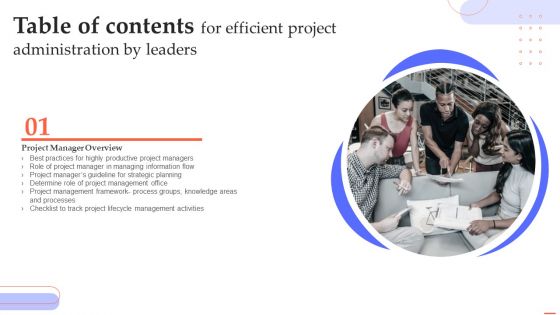 Table Of Contents For Efficient Project Administration By Leaders Icons PDF