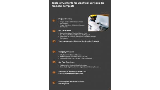 Table Of Contents For Electrical Services Bid Proposal Template One Pager Sample Example Document Table Of Contents For Electrical Services Bid Proposal Template One Pager Sample Example Document