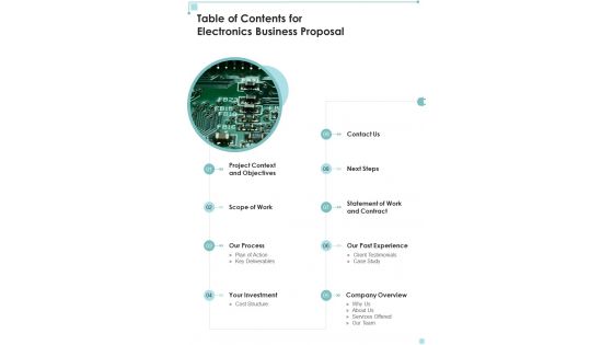 Table Of Contents For Electronics Business Proposal One Pager Sample Example Document