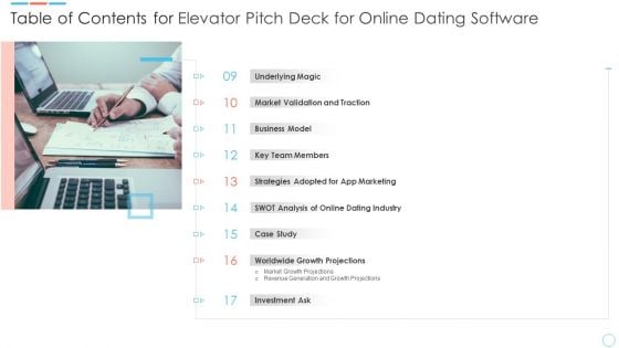 Table Of Contents For Elevator Pitch Deck For Online Dating Software Ppt PowerPoint Presentation File Designs PDF Table Of Contents For Elevator Pitch Deck For Online Dating Software Ppt PowerPoint Presentation File Designs PDF