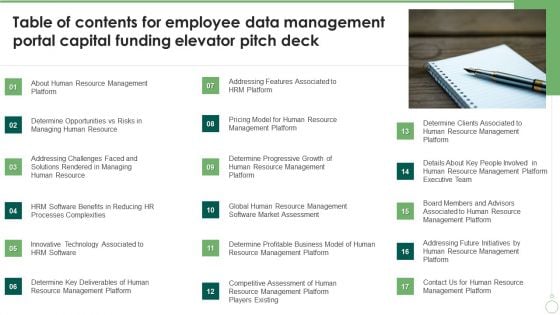 Table Of Contents For Employee Data Management Portal Capital Funding Elevator Pitch Deck Inspiration PDF Table Of Contents For Employee Data Management Portal Capital Funding Elevator Pitch Deck Inspiration PDF