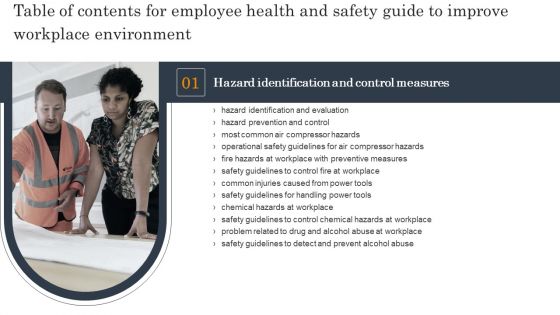 Table Of Contents For Employee Health And Safety Guide To Improve Workplace Environment Portrait PDF