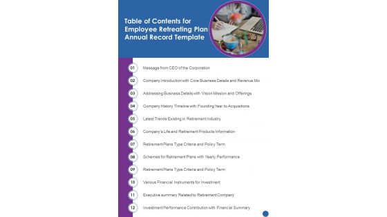Table Of Contents For Employee Retreating Plan Annual Record Template One Pager Documents