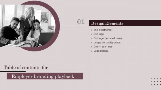 Table Of Contents For Employer Branding Playbook Ppt Ideas Background PDF