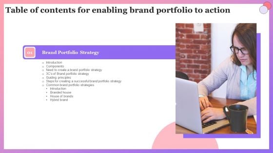 Table Of Contents For Enabling Brand Portfolio To Actions Ppt Slides Background Image PDF