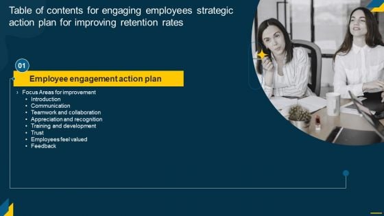 Table Of Contents For Engaging Employees Strategic Action Plan For Improving Retention Topics PDF