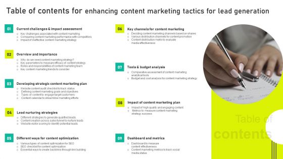 Table Of Contents For Enhancing Content Marketing Tactics For Lead Generation Ppt Infographics Brochure PDF Table Of Contents For Enhancing Content Marketing Tactics For Lead Generation Ppt Infographics Brochure PDF