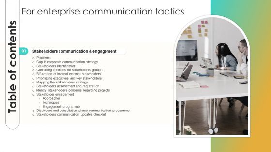 Table Of Contents For Enterprise Communication Tactics Slide Mockup PDF