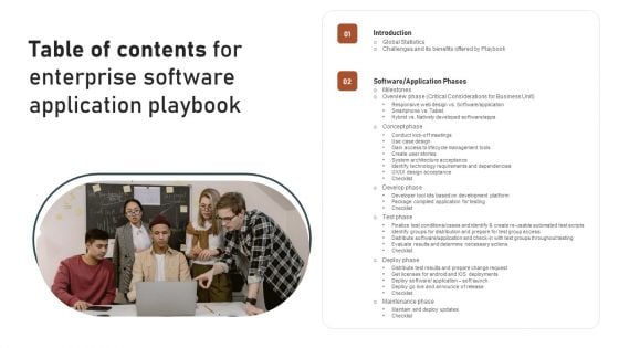 Table Of Contents For Enterprise Software Application Playbook Download PDF