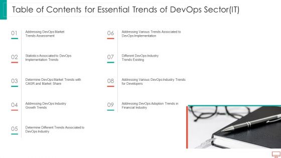 Table Of Contents For Essential Trends Of Devops Sector IT Formats PDF