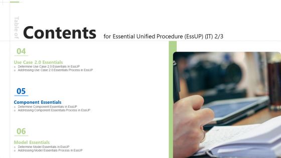 Table Of Contents For Essential Unified Procedure Essup IT Determine Ppt Ideas Example PDF