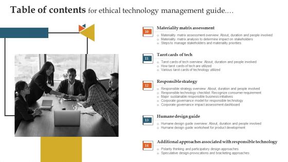 Table Of Contents For Ethical Technology Management Guide Ppt Icon Structure PDF