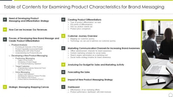 Table Of Contents For Examining Product Characteristics For Brand Messaging Demonstration PDF