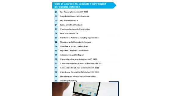 Table Of Contents For Example Yearly Report For Financial Institution One Pager Documents Table Of Contents For Example Yearly Report For Financial Institution One Pager Documents