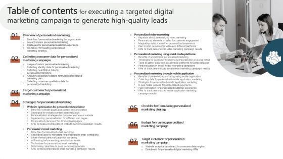 Table Of Contents For Executing A Targeted Digital Marketing Campaign To Generate High Quality Leads Slides PDF