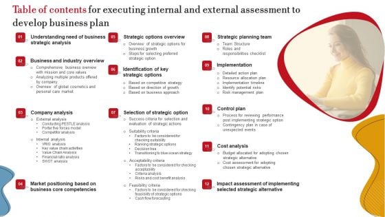 Table Of Contents For Executing Internal And External Assessment To Develop Business Plan Rules PDF