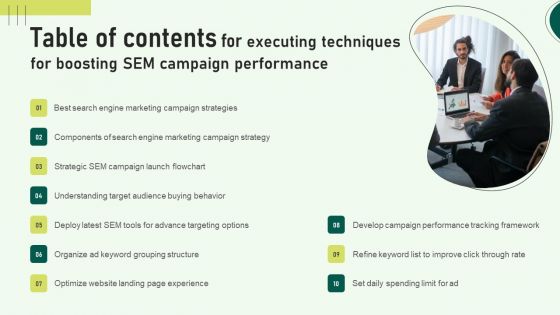 Table Of Contents For Executing Techniques For Boosting SEM Campaign Performance Rules PDF Table Of Contents For Executing Techniques For Boosting SEM Campaign Performance Rules PDF