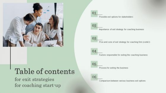 Table Of Contents For Exit Strategies For Coaching Start Up Professional PDF Table Of Contents For Exit Strategies For Coaching Start Up Professional PDF
