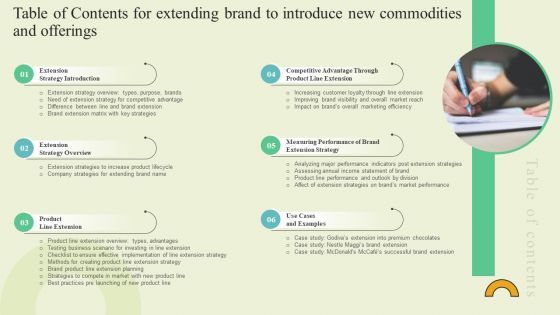 Table Of Contents For Extending Brand To Introduce New Commodities And Offerings Sample PDF
