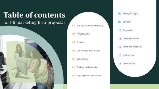 Table Of Contents For FB Marketing Firm Proposal Ppt Layouts Structure PDF
