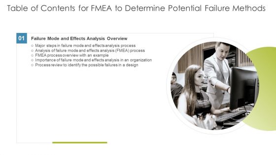 Table Of Contents For FMEA To Determine Potential Failure Methods Guidelines PDF