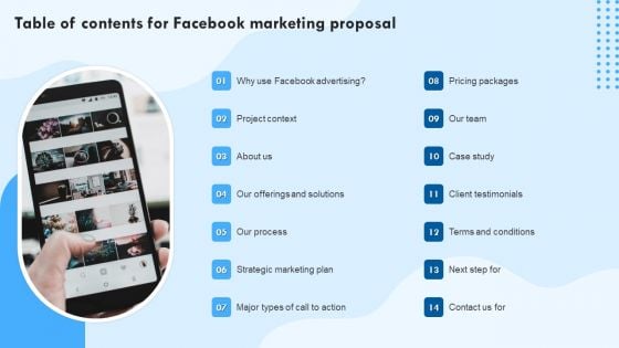 Table Of Contents For Facebook Marketing Proposal Ppt Inspiration Design Templates PDF