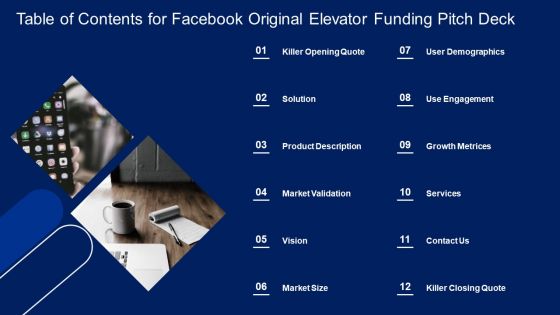 Table Of Contents For Facebook Original Elevator Funding Pitch Deck Demonstration PDF Table Of Contents For Facebook Original Elevator Funding Pitch Deck Demonstration PDF