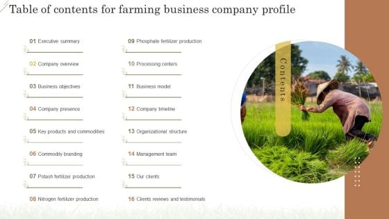 Table Of Contents For Farming Business Company Profile Diagrams PDF