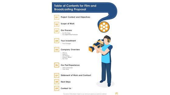 Table Of Contents For Film And Broadcasting Proposal One Pager Sample Example Document