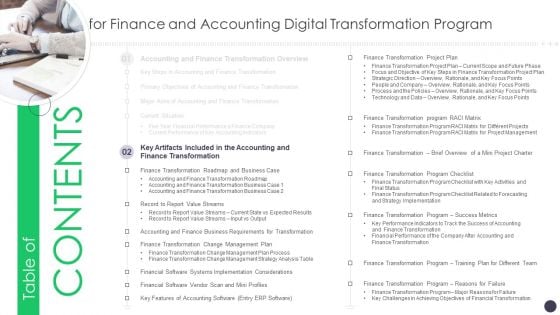 Table Of Contents For Finance And Accounting Digital Transformation Program Artifacts Background PDF