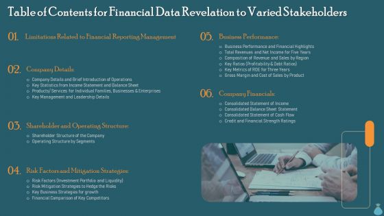 Table Of Contents For Financial Data Revelation To Varied Stakeholders Brochure PDF Table Of Contents For Financial Data Revelation To Varied Stakeholders Brochure PDF