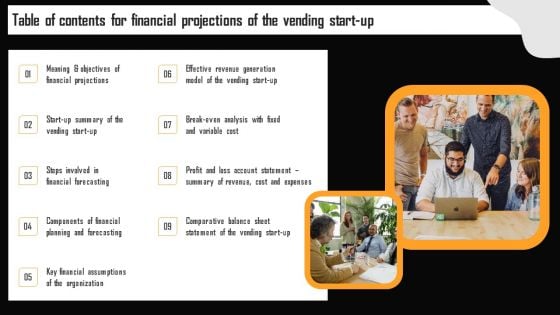 Table Of Contents For Financial Summary Of Vending Start Up Mockup PDF Table Of Contents For Financial Summary Of Vending Start Up Mockup PDF
