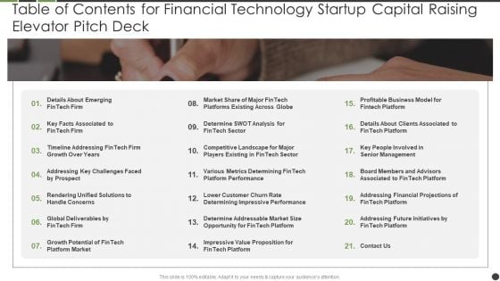 Table Of Contents For Financial Technology Startup Capital Raising Elevator Pitch Deck Download PDF Table Of Contents For Financial Technology Startup Capital Raising Elevator Pitch Deck Download PDF