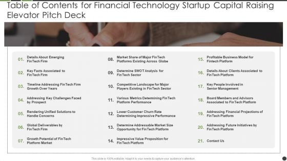 Table Of Contents For Financial Technology Startup Capital Raising Elevator Pitch Deck Download PDF